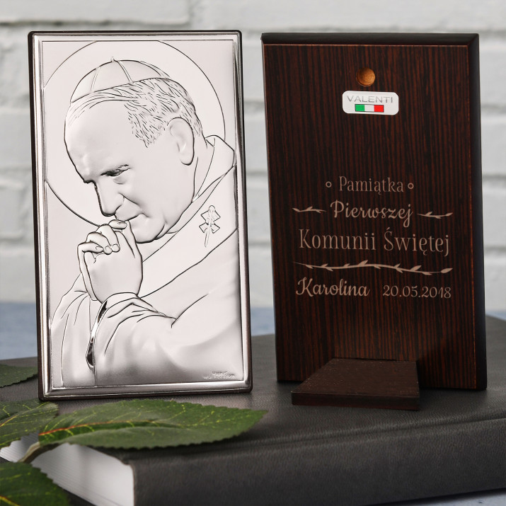 Pamiątka Komunii - Papież - Srebrny Obrazek z Grawerem